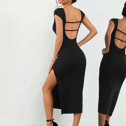 Women's Short Sleeve Crew Neck Midi Dress Backless Bodycon Slit Cocktail Party Dress