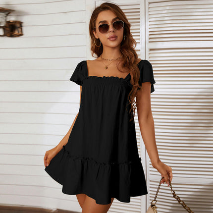 Women's Casual Summer Ruffle Sleeve Square Neck Babydoll A-Line Swing Party Mini Dress