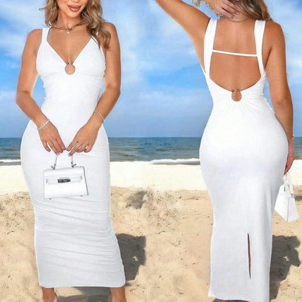Women Sleeveless Deep V Neck Maxi Dress Backless Bodycon Slit Cocktail Party Dress