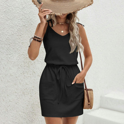 Women's Sexy Spaghetti Strap V Neck Dress Tie Waist Backless Casual Mini Dress