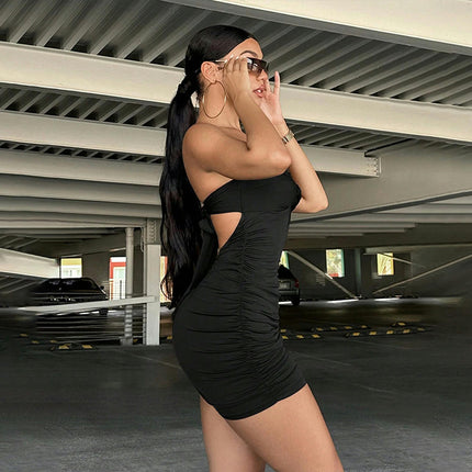 Women's Sexy Strapless Tube Ruched Dress Front Knot Bodycon Tie Backless Mini Dress