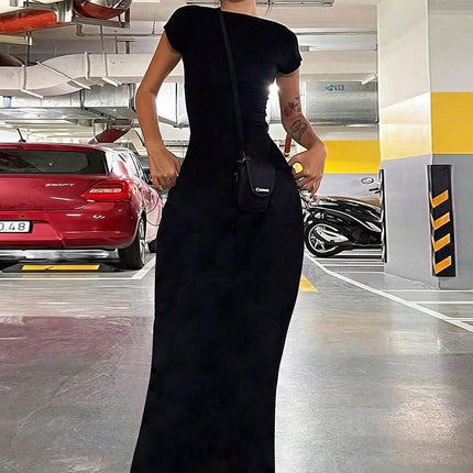 Women's Sexy Backless Maxi Dress Boat Neck Short Sleeve Bodycon Summer Party Dresses