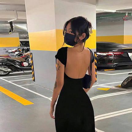 Women's Sexy Backless Maxi Dress Boat Neck Short Sleeve Bodycon Summer Party Dresses