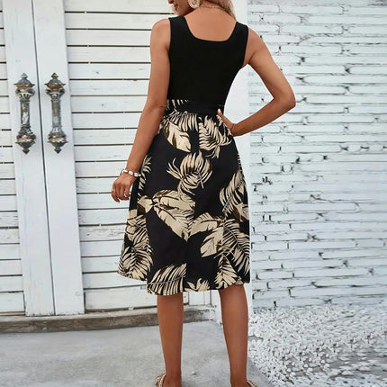 Womens Summer Sleeveless Dresses Tie Waist A-Line Flowy Floral Midi Dress
