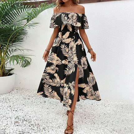Women's Summer Casual Off The Shoulder Boho Floral Maxi Dress Smocked Split Flowy Long Dresses