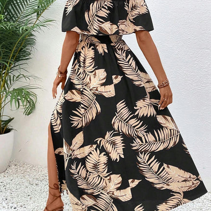 Women's Summer Casual Off The Shoulder Boho Floral Maxi Dress Smocked Split Flowy Long Dresses