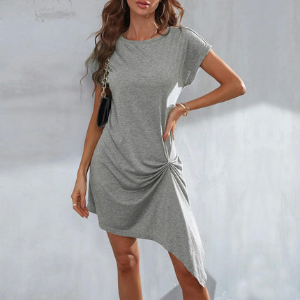 Women's Ruched Mini Dress Asymmetrical Hem Crew Neck Short Sleeve Summer Dresses