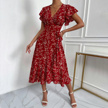 Women's Short Sleeve Wrap V Neck Midi Dress Summer A Line Flowy Floral Dresses