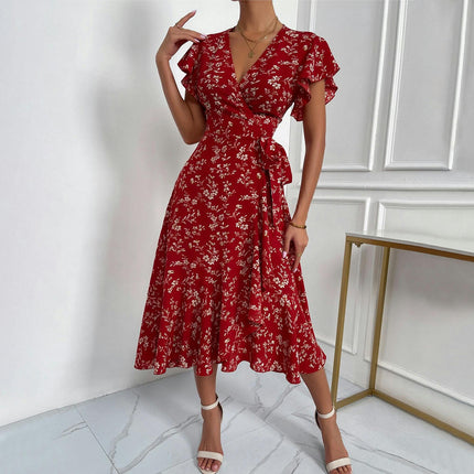 Women's Short Sleeve Wrap V Neck Midi Dress Summer A Line Flowy Floral Dresses