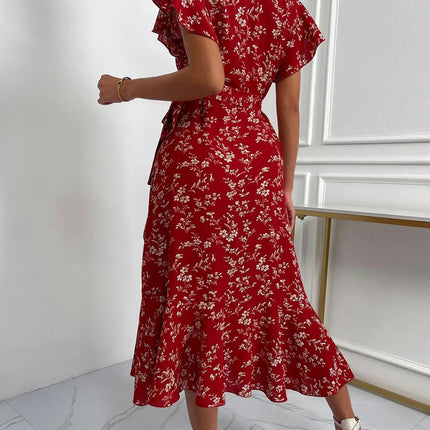 Women's Short Sleeve Wrap V Neck Midi Dress Summer A Line Flowy Floral Dresses