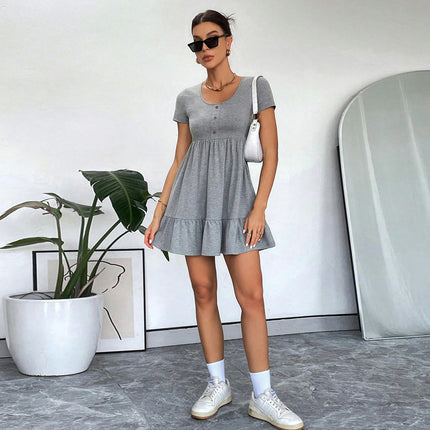Women Summer Casual Short Sleeve T Shirt Dresses Scoop Neck Ruffled A Line Mini Dress