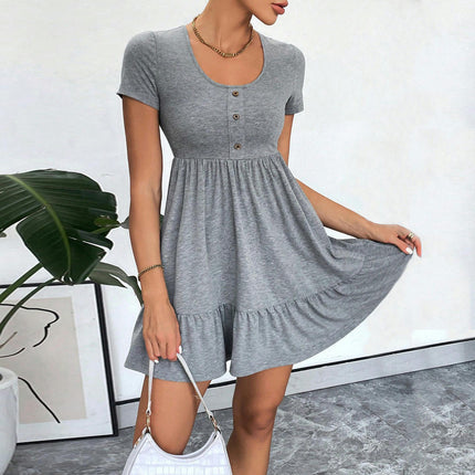 Women Summer Casual Short Sleeve T Shirt Dresses Scoop Neck Ruffled A Line Mini Dress
