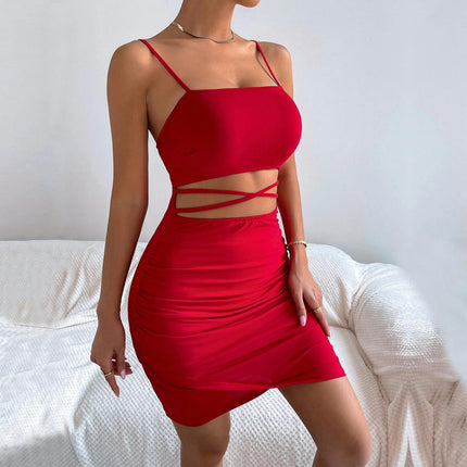 Women's Spaghetti Straps Sleeveless Sexy Cut Out Ruched Party Bodycon Mini Dress