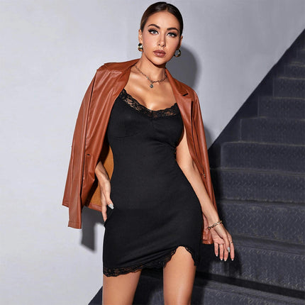 Women Spaghetti Strap Lace V Neck Mini Dress Sexy Sleeveless Split Bodycon Party Night Out Dress