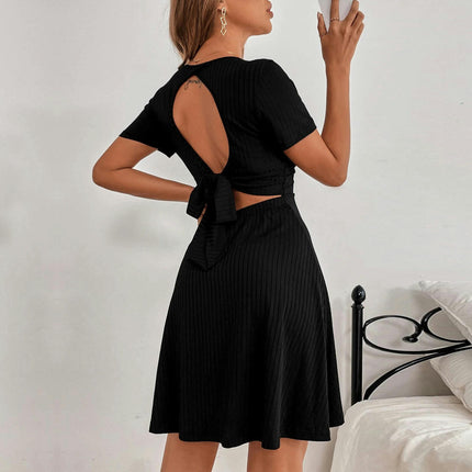Womens Casual Summer Dresses Deep V Neck Short Sleeve Tie Backless A Line Mini Dress