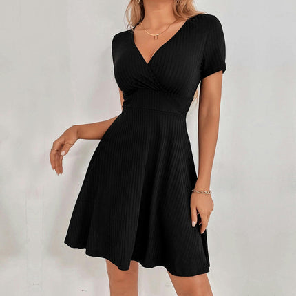 Womens Casual Summer Dresses Deep V Neck Short Sleeve Tie Backless A Line Mini Dress