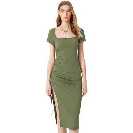 Women's Bodycon Short Sleeve Square Neck Midi Dress Drawstring Slit Ruched Dresses