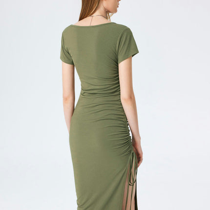 Women's Bodycon Short Sleeve Square Neck Midi Dress Drawstring Slit Ruched Dresses