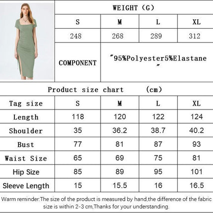 Women's Bodycon Short Sleeve Square Neck Midi Dress Drawstring Slit Ruched Dresses