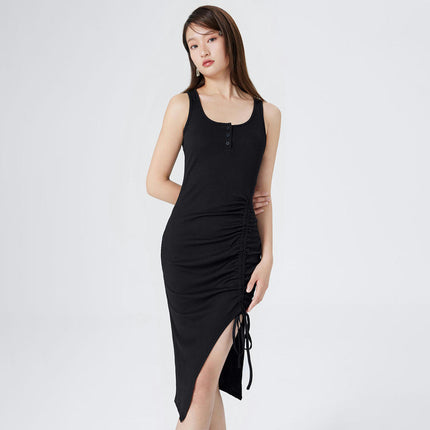 Women Sleeveless Bodycon Ruched Tank Dress Drawstring Split Crew Neck Summer Midi Dresses