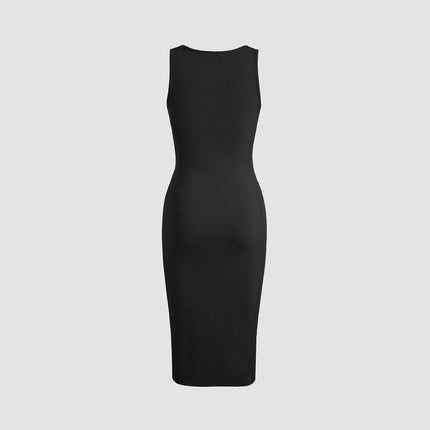 Women Sleeveless Bodycon Ruched Tank Dress Drawstring Split Crew Neck Summer Midi Dresses