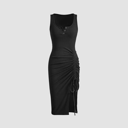 Women Sleeveless Bodycon Ruched Tank Dress Drawstring Split Crew Neck Summer Midi Dresses