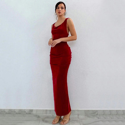 Women's Scoop Neck Velvet Backless Maxi Dress Velvet Bodycon Cocktai Party Dress