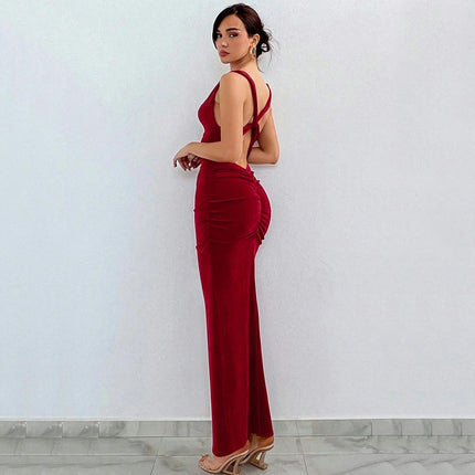 Women's Scoop Neck Velvet Backless Maxi Dress Velvet Bodycon Cocktai Party Dress