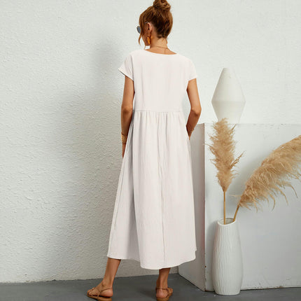 Women's Crew Neck Short Sleeve Loose Plain Maxi Dresses Casual Long Dresses with Pockets