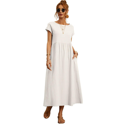 Women's Crew Neck Short Sleeve Loose Plain Maxi Dresses Casual Long Dresses with Pockets