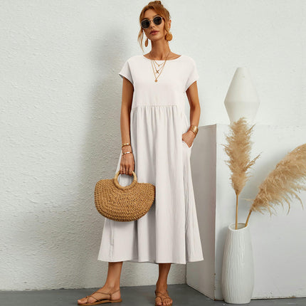 Women's Crew Neck Short Sleeve Loose Plain Maxi Dresses Casual Long Dresses with Pockets