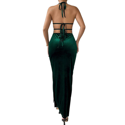 Women's Spaghetti Straps Halter Neck Velvet Backless Maxi Dress Slit Velvet Cocktai Party Dress