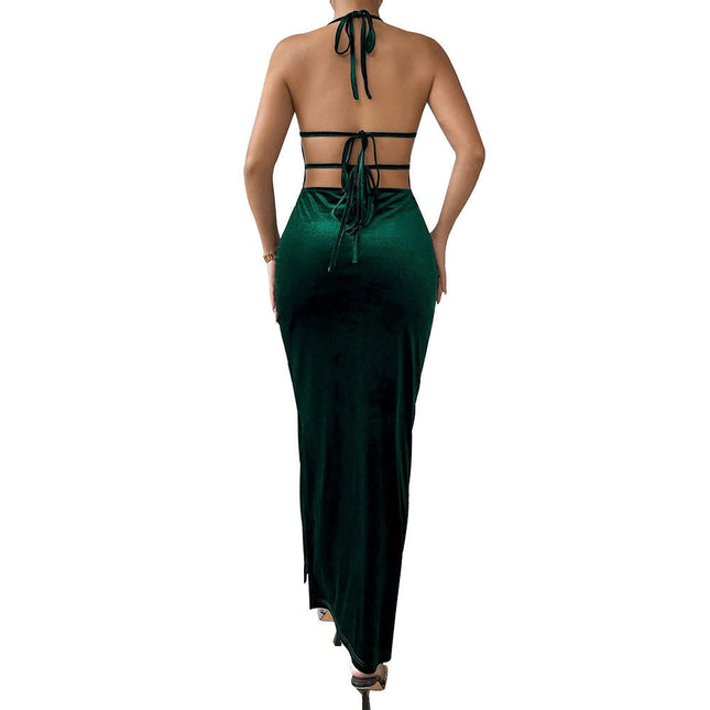 Women's Spaghetti Straps Halter Neck Velvet Backless Maxi Dress Slit Velvet Cocktai Party Dress