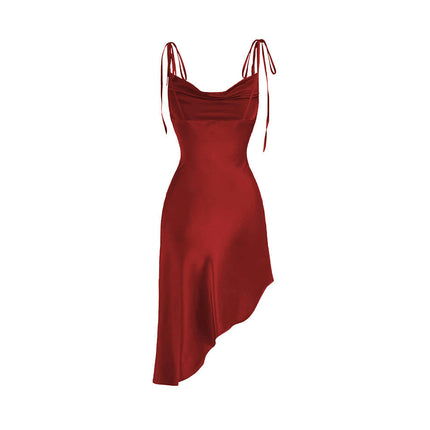 Women's Spaghetti Strap Cowl Neck Satin Mini Dress Sexy Asymmetrical Hem Party Party