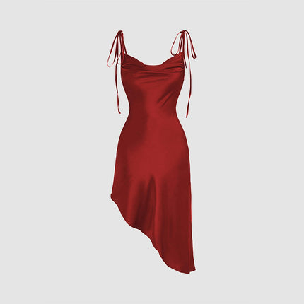 Women's Spaghetti Strap Cowl Neck Satin Mini Dress Sexy Asymmetrical Hem Party Party