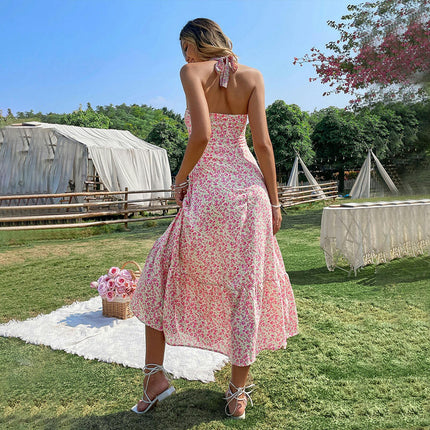 Women's Floral Halter Maxi Dresses Sexy Backless Smocked Flowy Summer Dresses