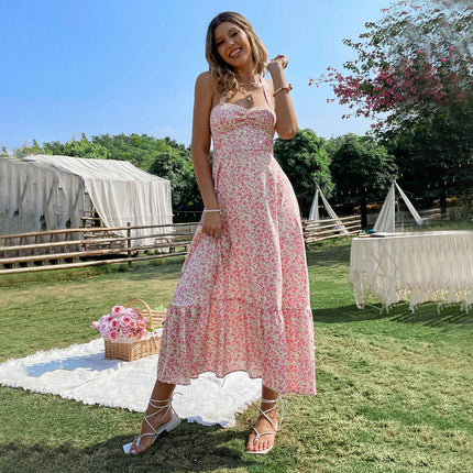 Women's Floral Halter Maxi Dresses Sexy Backless Smocked Flowy Summer Dresses