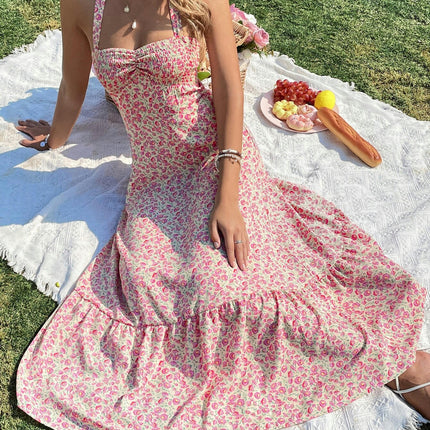 Women's Floral Halter Maxi Dresses Sexy Backless Smocked Flowy Summer Dresses