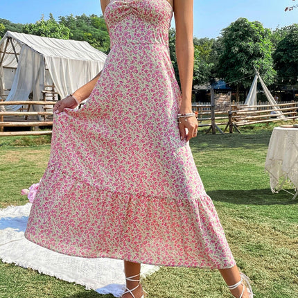 Women's Floral Halter Maxi Dresses Sexy Backless Smocked Flowy Summer Dresses