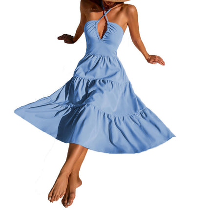 Women's Halter V Neck Midi Dress Backless A Line Flowy Tiered Ruffled Summer Dresses