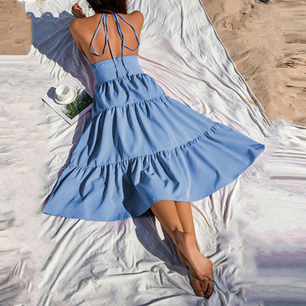 Women's Halter V Neck Midi Dress Backless A Line Flowy Tiered Ruffled Summer Dresses