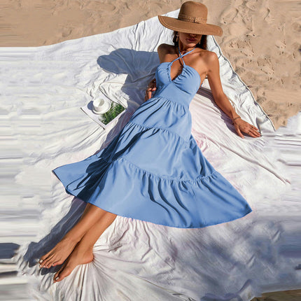 Women's Halter V Neck Midi Dress Backless A Line Flowy Tiered Ruffled Summer Dresses