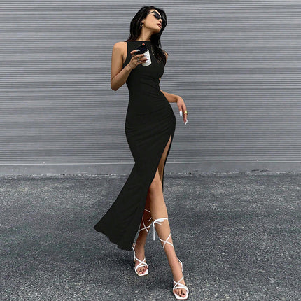 Women's Ruched Maxi Dress Crew Neck Sleeveless Slit Bodycon Summer Tank Dresses