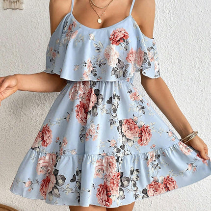 Women's Floral Print A Line Cami Dress Cold Shoulder Ruffle Trim High Waist Summer Mini Dress