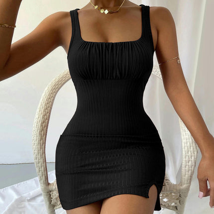 Women's Sexy Summer Sleeveless Square Neck Slit Ruched Bodycon Mini Tank Dress