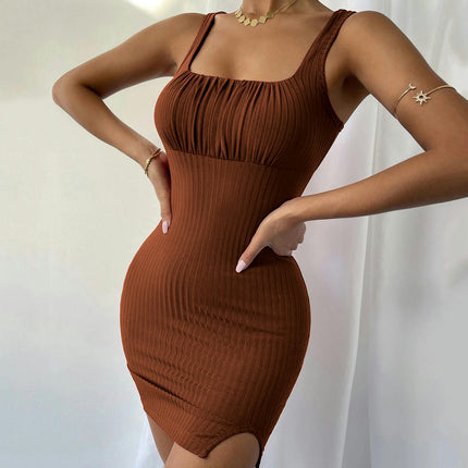 Women's Sexy Summer Sleeveless Square Neck Slit Ruched Bodycon Mini Tank Dress