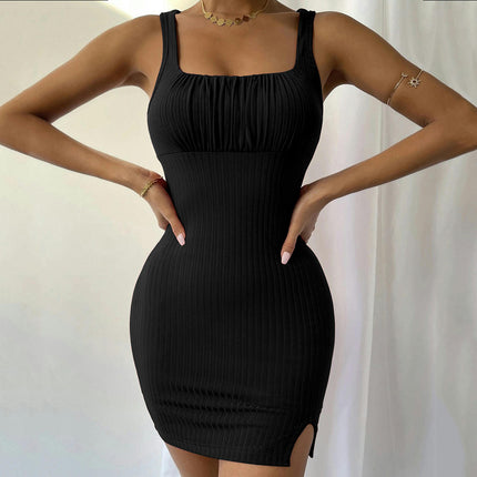 Women's Sexy Summer Sleeveless Square Neck Slit Ruched Bodycon Mini Tank Dress