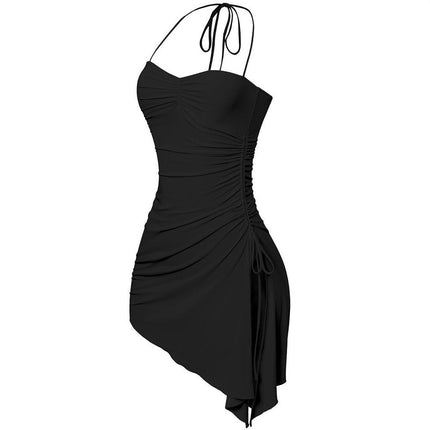 Women's Sexy Ruched Slit Drawstring Mini Dress Sleeveless Halter Backless Ruffled Dresses