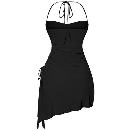 Women's Sexy Ruched Slit Drawstring Mini Dress Sleeveless Halter Backless Ruffled Dresses