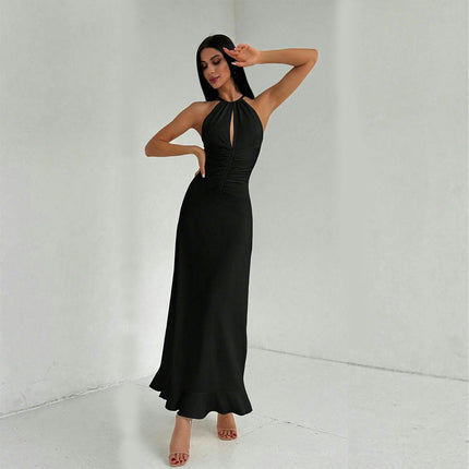 Women's Sexy Halter Neck Maxi Dress Summer Cut Out Ruched Cocktail Party Long Dresses